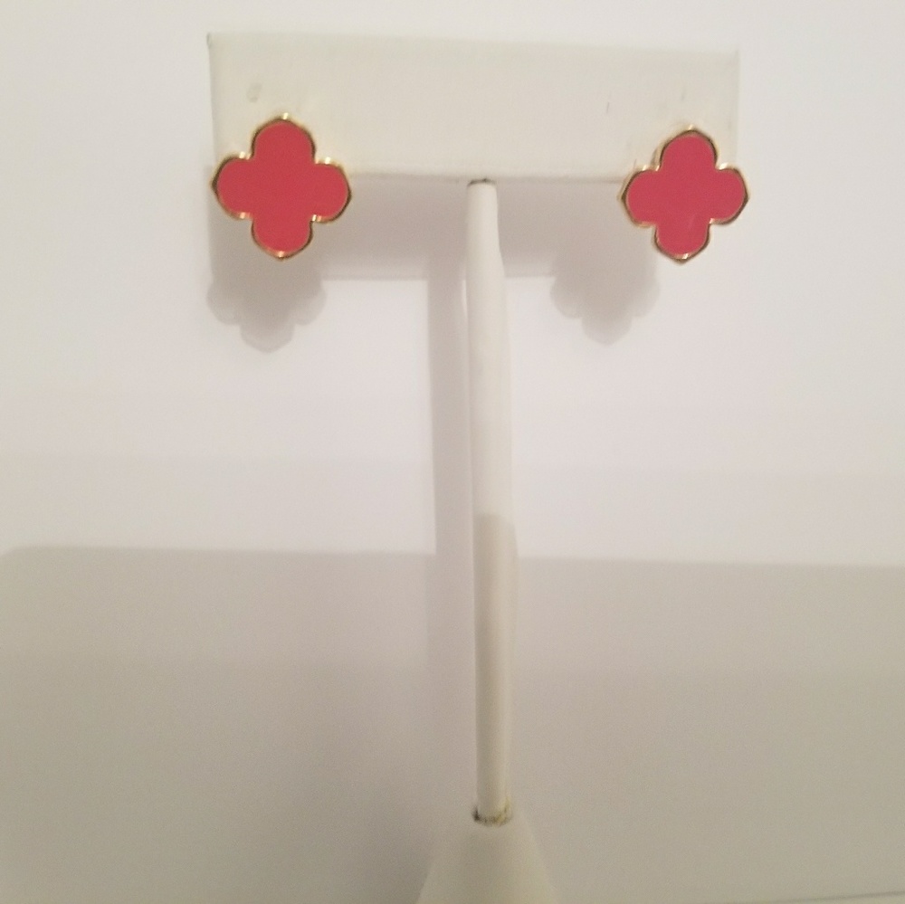 Brand new gold stud earrings, red four leaf clover